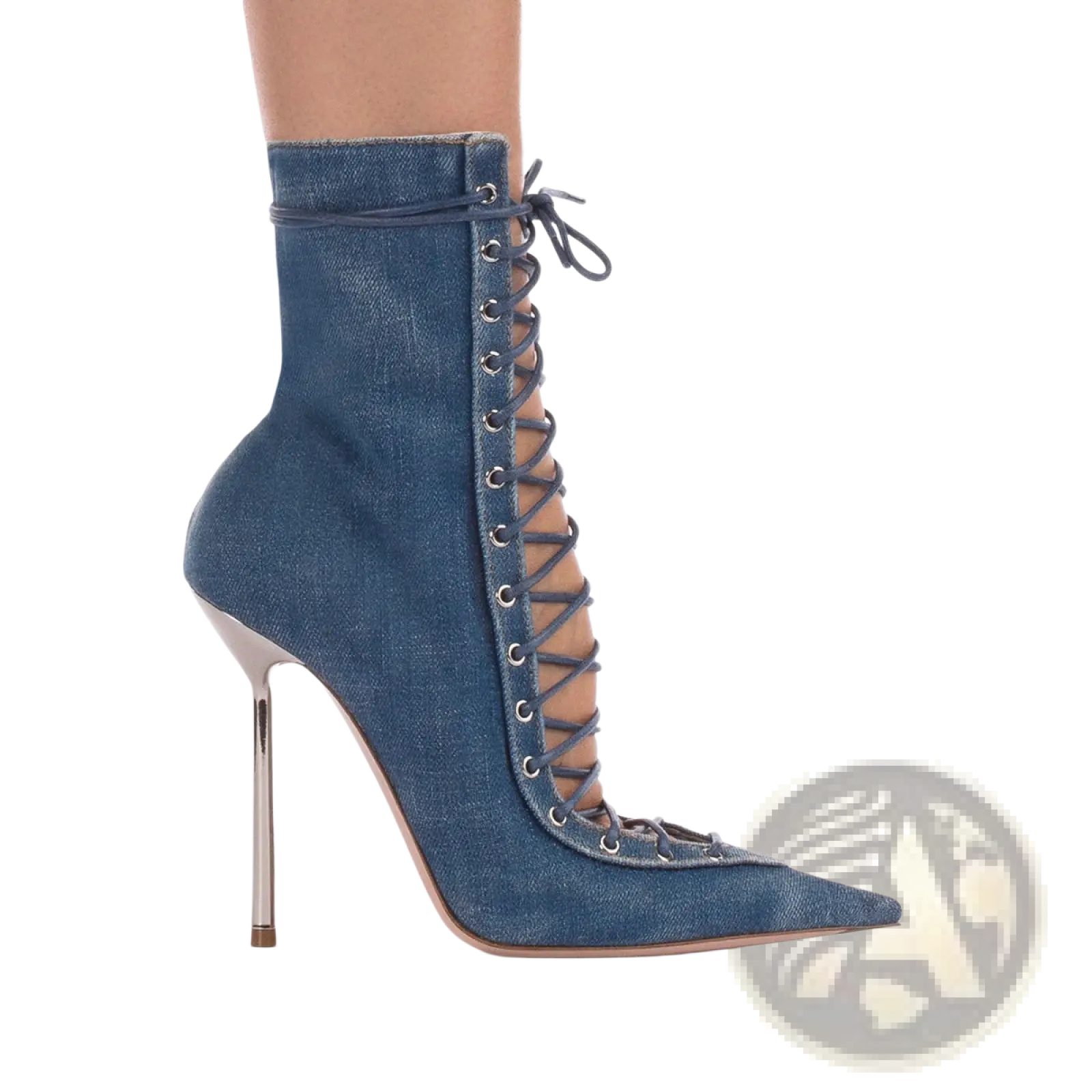 Denim lace-up ankle boot with metallic stiletto heel featuring mesh pointed toe for stylish high heel sandals look