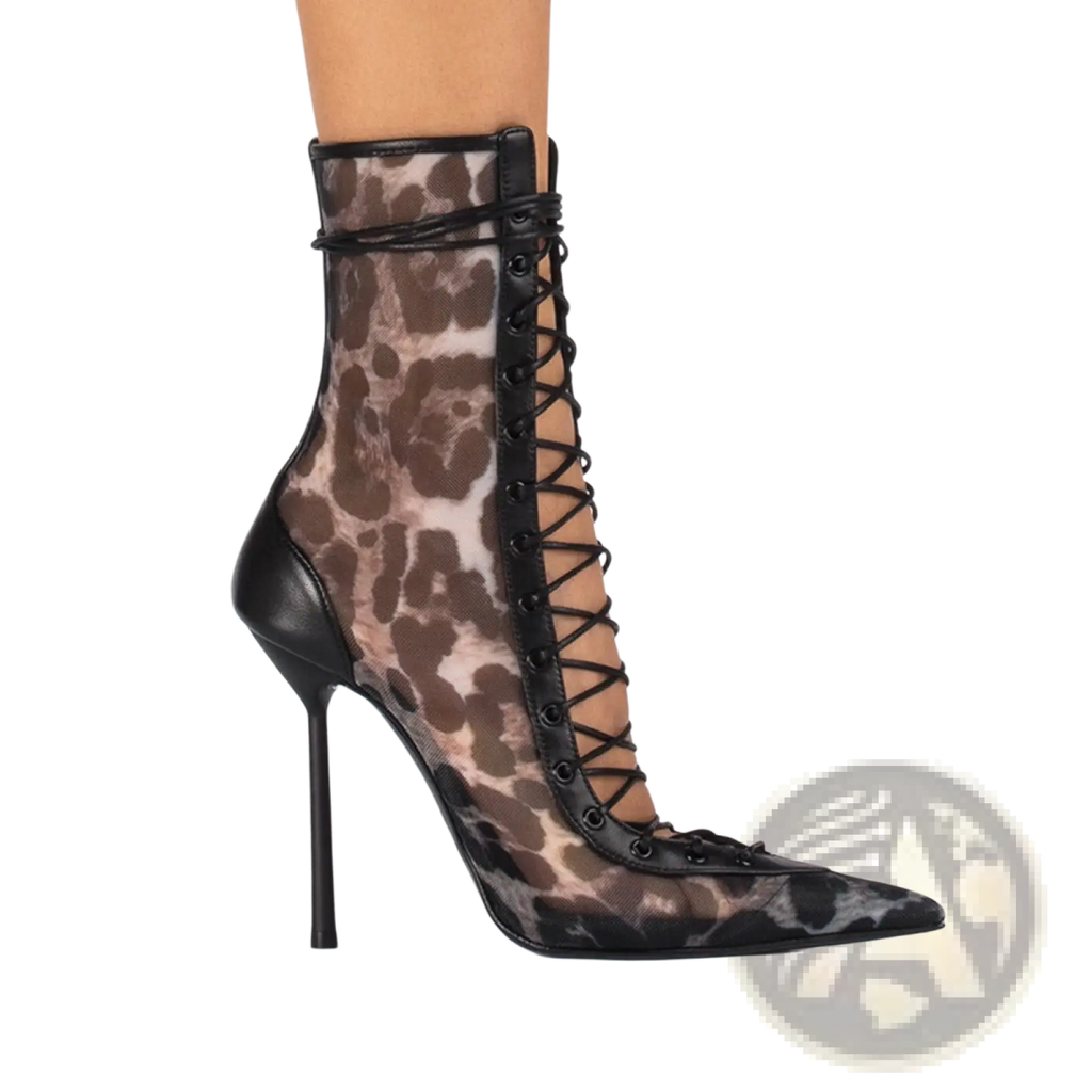Black and brown leopard-print lace-up mesh ankle boot with pointed toe and high stiletto heel
