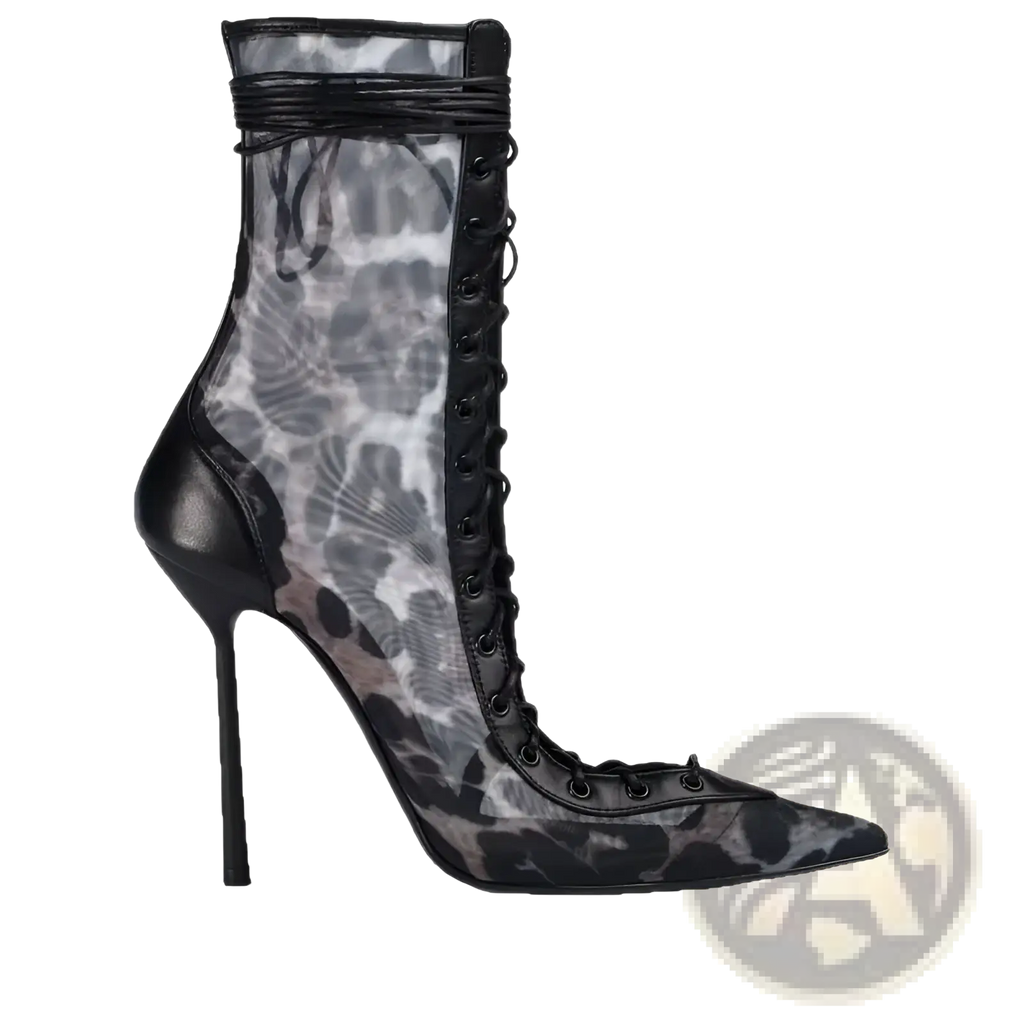 Black lace up mesh pointed toe stiletto high heel sandal with sheer gray floral mesh upper and leather accents