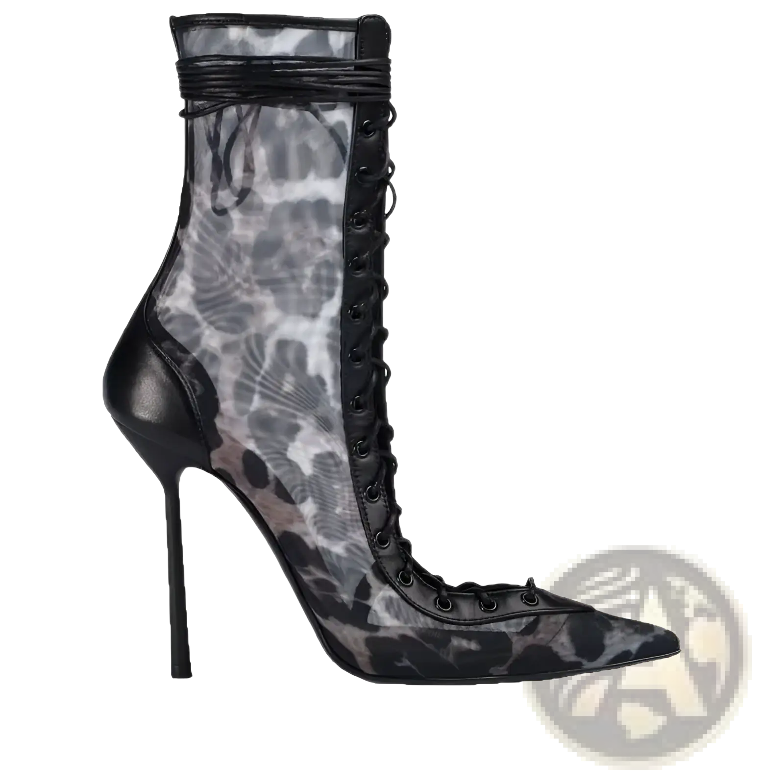 Black lace up mesh pointed toe stiletto high heel sandal with sheer gray floral mesh upper and leather accents