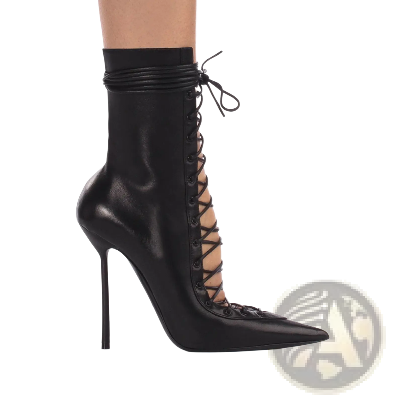 Black leather lace-up ankle boot with slender high heel matching lace up mesh pointed toe stiletto sandals
