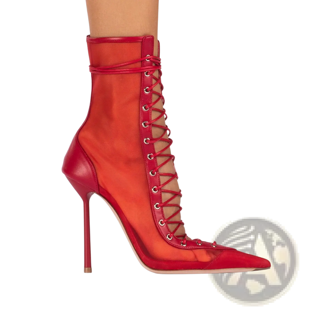 Red lace up mesh pointed toe stiletto high heel ankle boot with sheer panels and elegant lace-up design