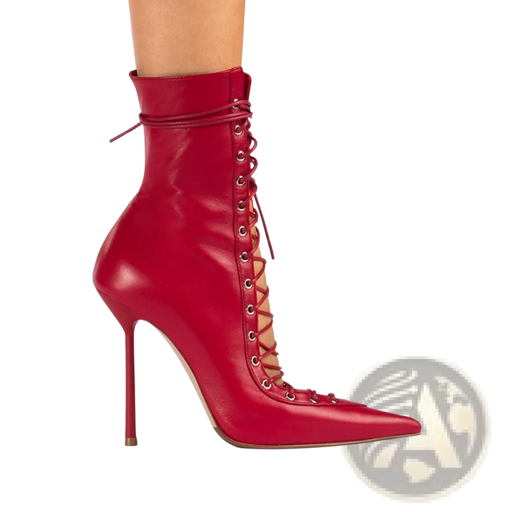 Red patent leather lace-up ankle boot with slender high heel and pointed toe stiletto design
