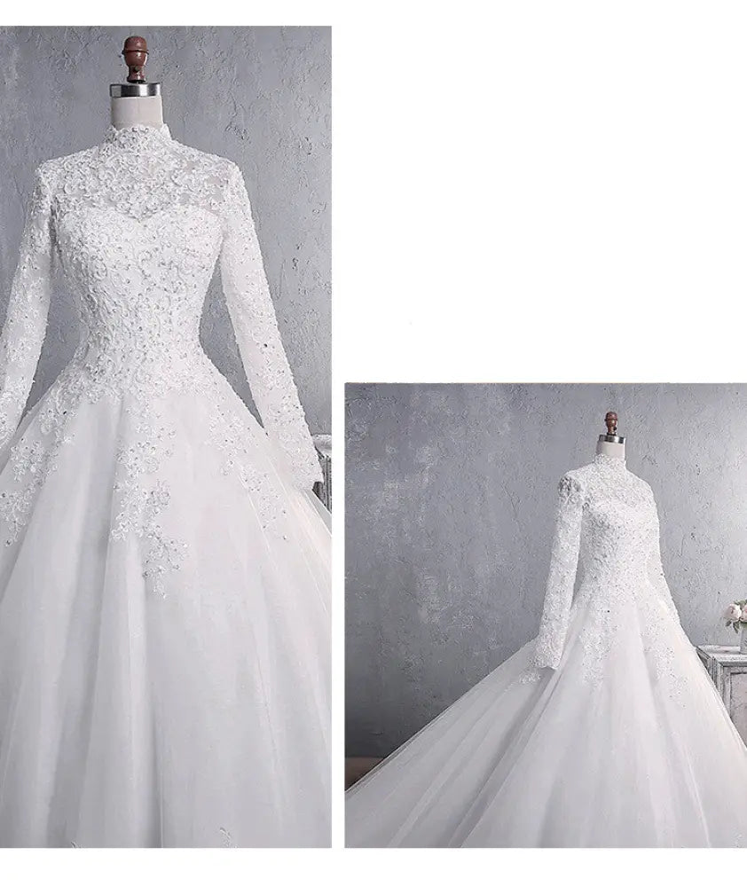 White lace embroidered stand collar wedding gown with long sleeves high neckline floral embroidery and train
