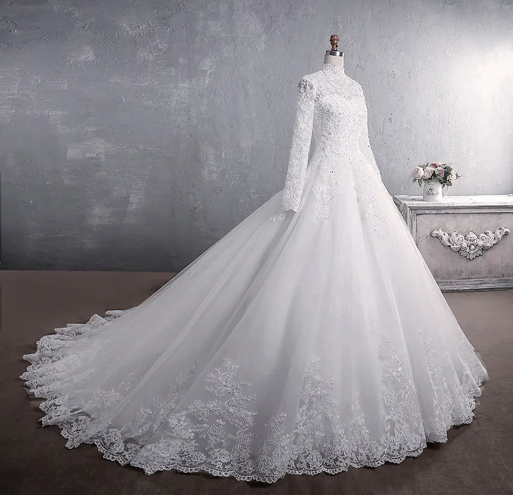 White lace embroidered stand collar wedding gown with long sleeves and floral embroidery with train
