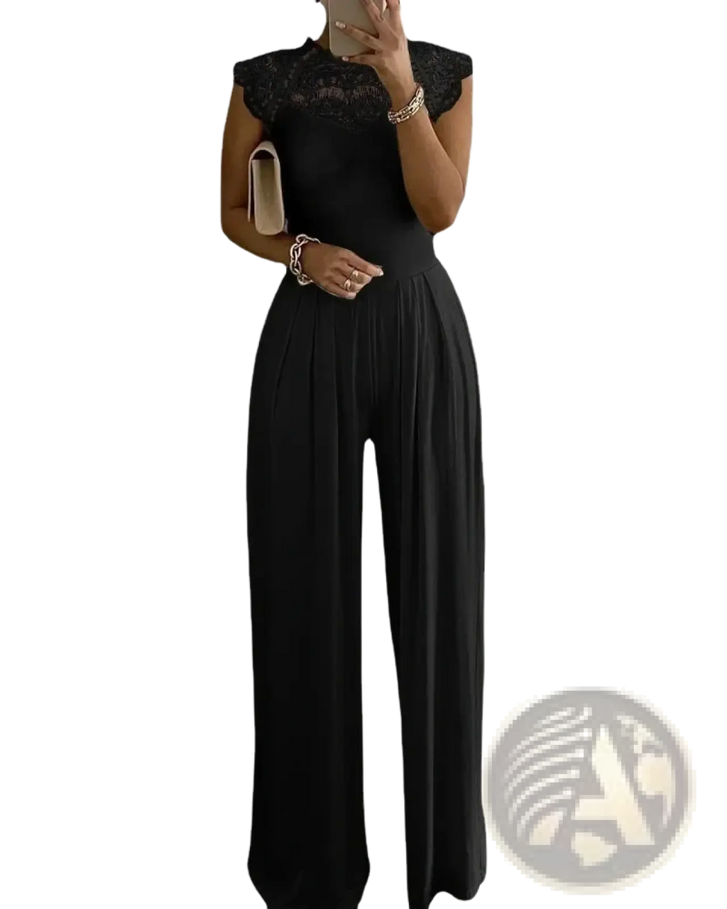 Black lace wide leg jumpsuit with fitted bodice featuring lace trim and flowing wide-leg pants