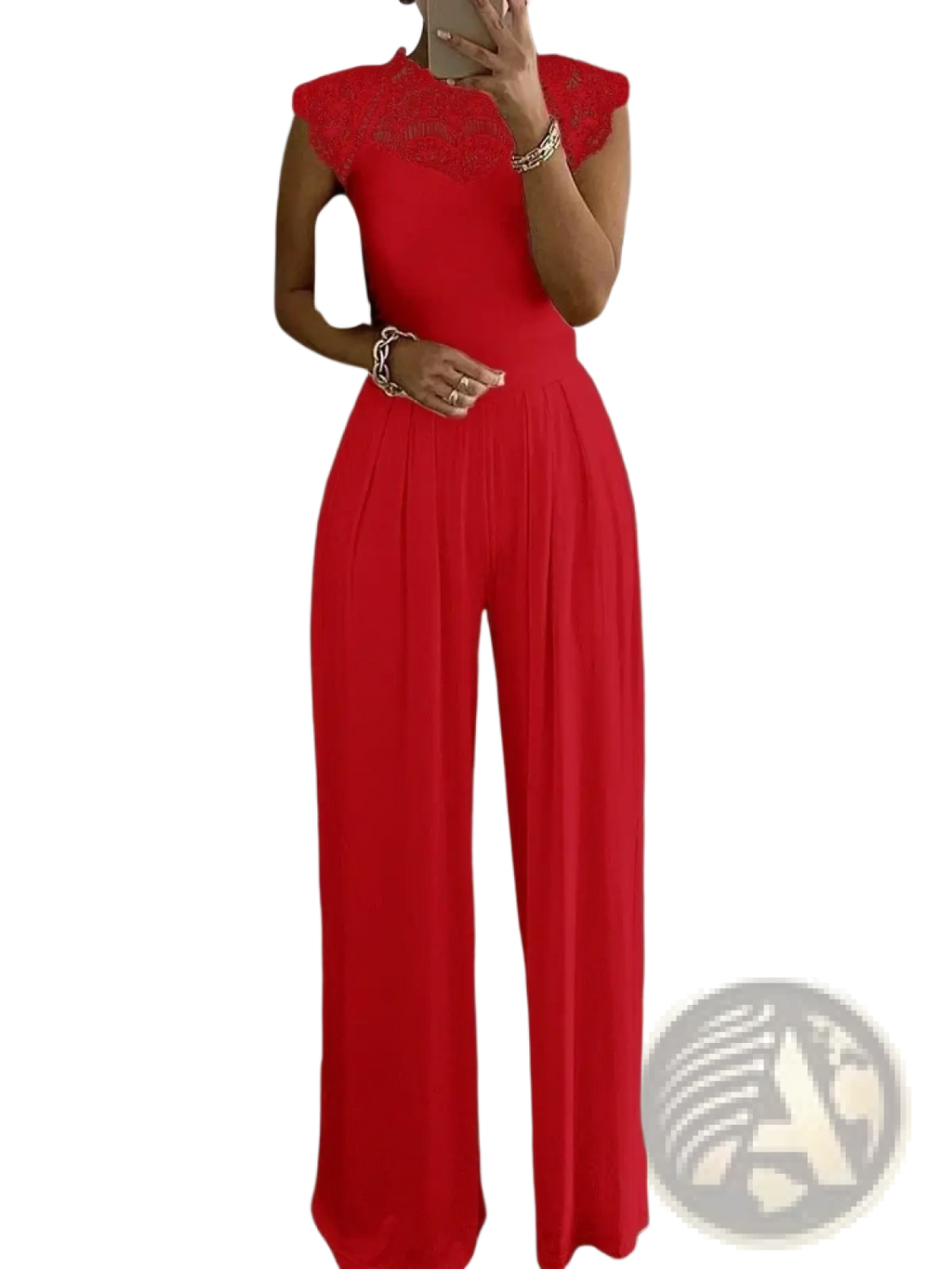 A vibrant red lace wide leg jumpsuit featuring a sleeveless design and pleated pants for elegant wear
