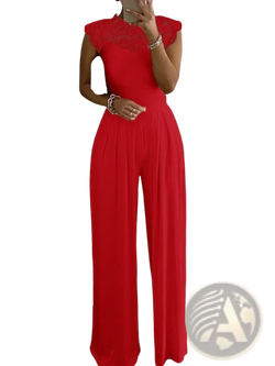 A vibrant red lace wide leg jumpsuit featuring a sleeveless design and pleated pants for elegant wear
