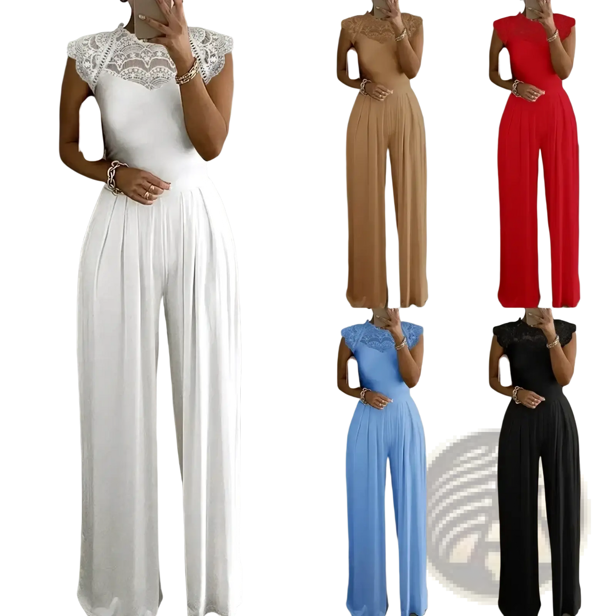 White lace wide leg jumpsuit featuring lace trim, sleek flowing fabric, and elegant shoulder detailing
