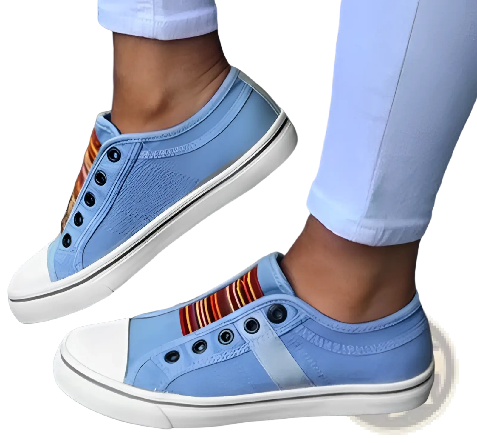 Laceless light blue canvas sneakers with white rubber soles and colorful striped accent slip on loafers