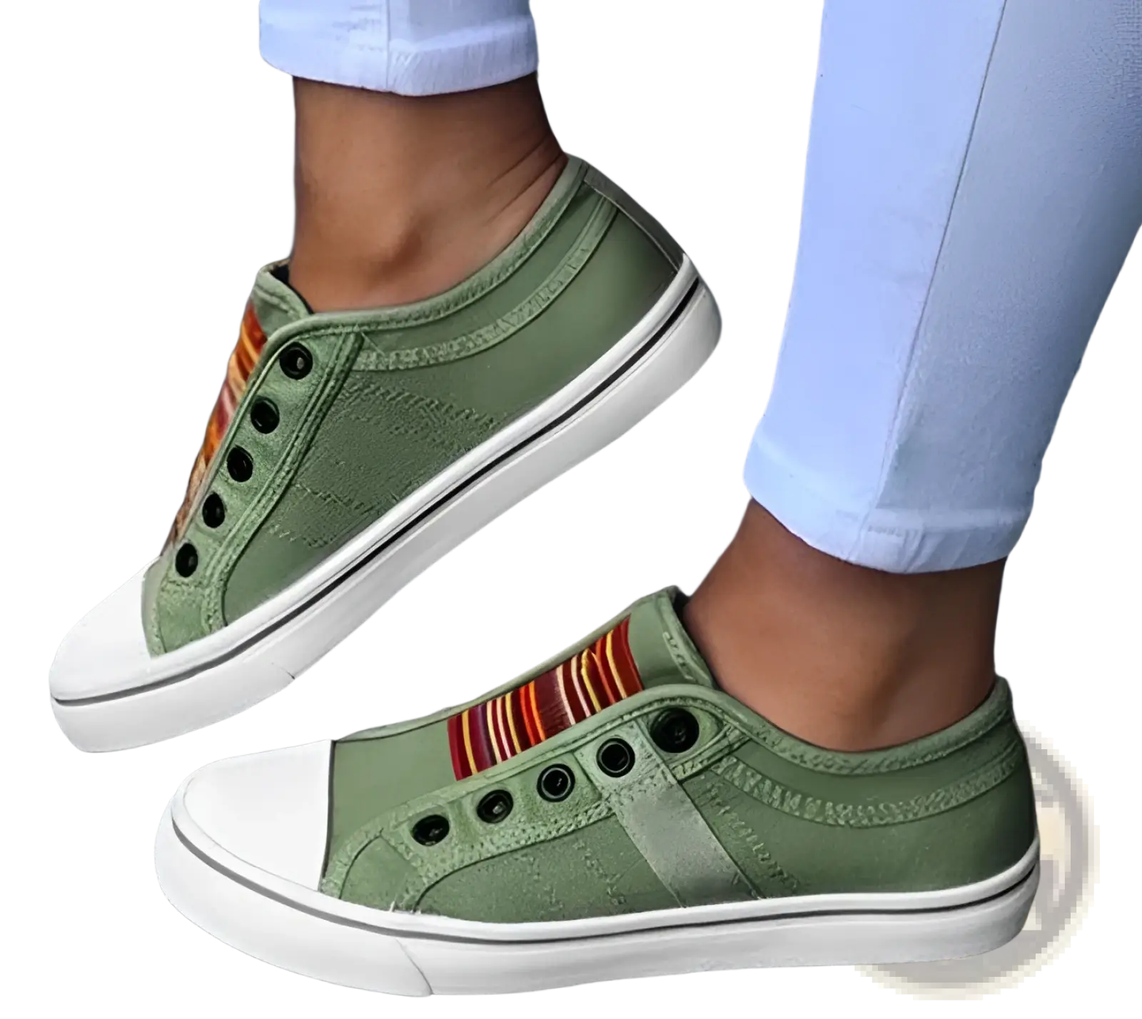 Laceless olive green canvas slip-on sneakers with white rubber soles and colorful striped side accent