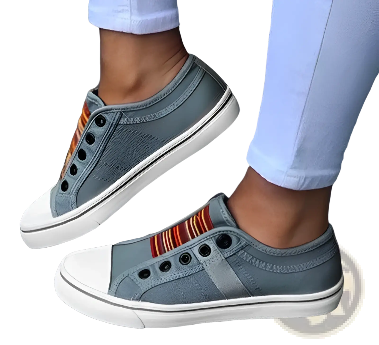 Gray laceless canvas sneakers with white rubber soles and colorful striped fabric detail on the side