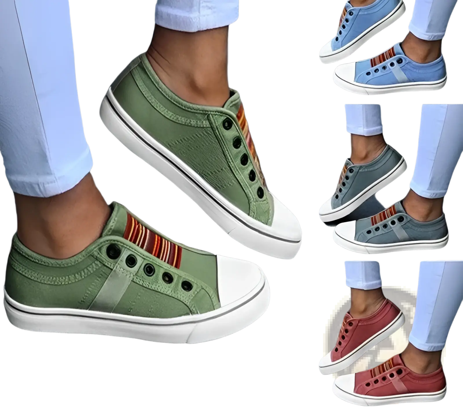 Olive green laceless canvas sneakers with white rubber soles and colorful striped slip on loafers side detail