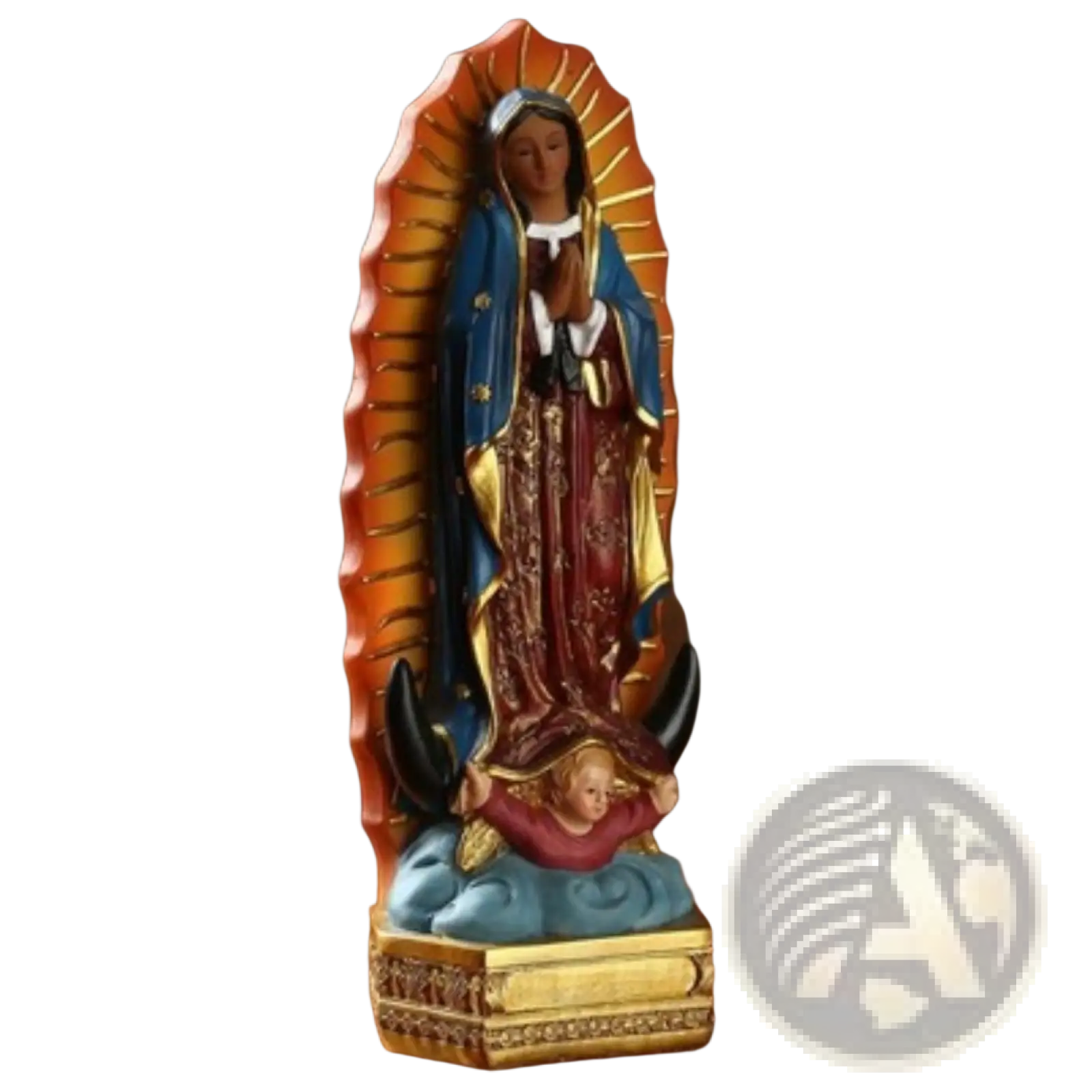Blue and gold resin our lady of guadalupe statue with radiant orange halo on a golden base 8 inch tall