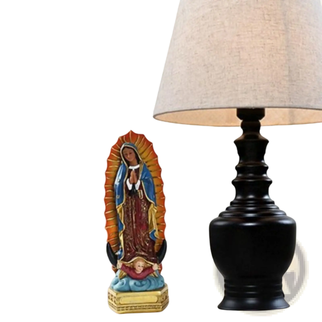 Colorful resin statue of Our Lady of Guadalupe featuring a blue and gold robe with an orange halo 8 inch tall