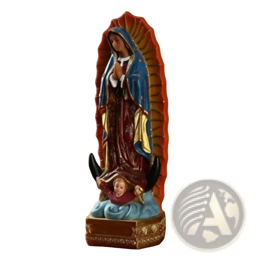 Our lady of guadalupe resin mary statue 8 inch with detailed blue gold robe and red accents on cloud base