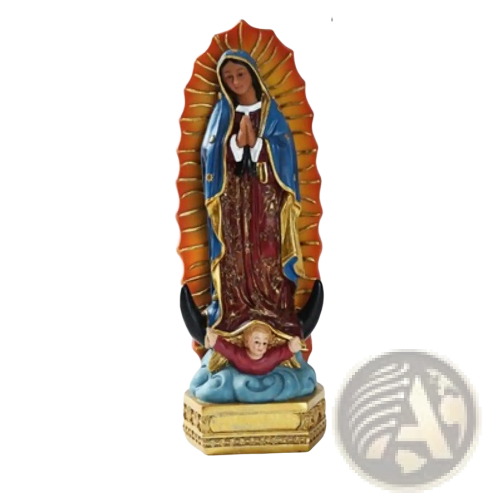 Our Lady of Guadalupe resin Mary statue 8 inch with detailed blue and gold robe standing on golden base and orange halo
