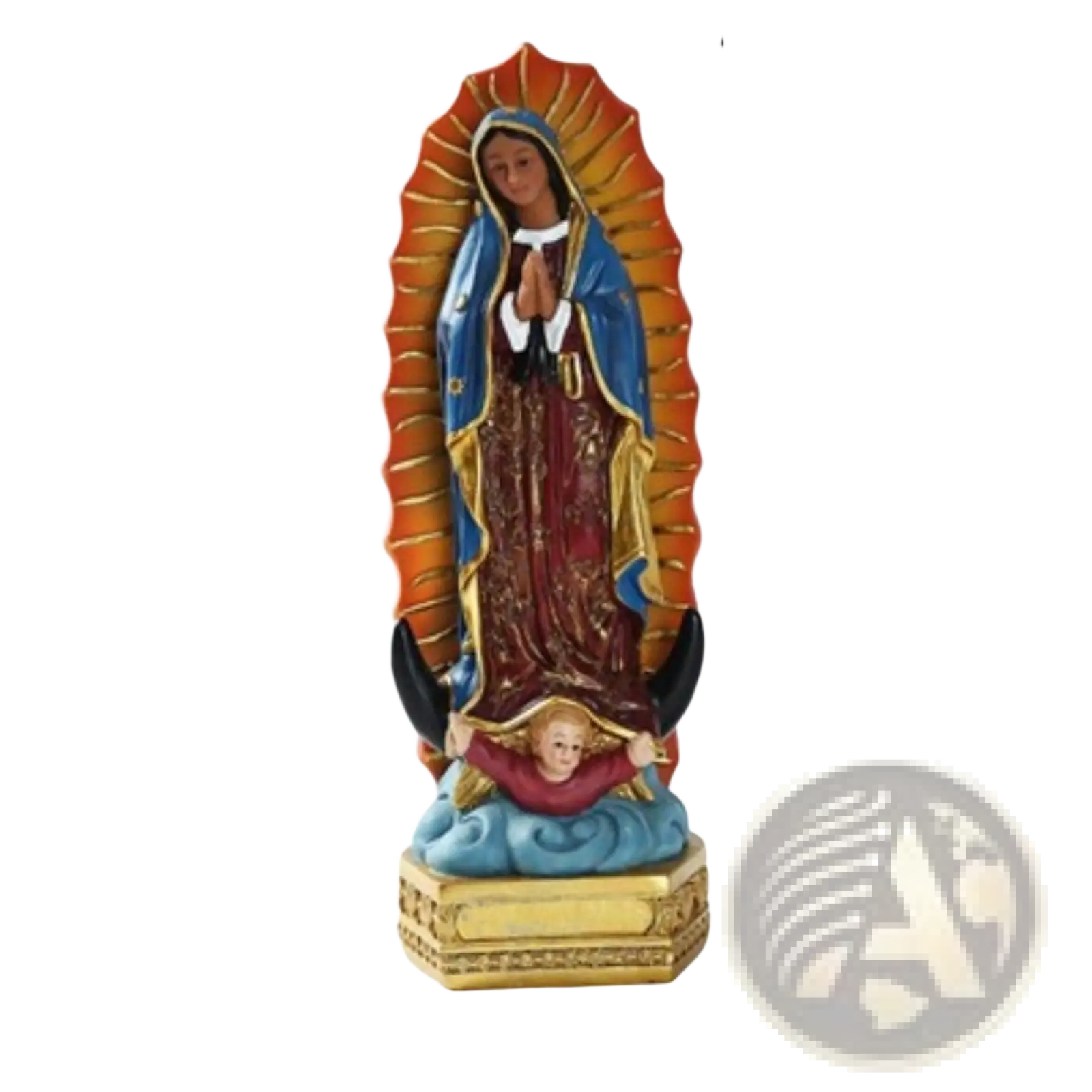 Our Lady of Guadalupe resin Mary statue 8 inch with detailed blue and gold robe standing on golden base and orange halo
