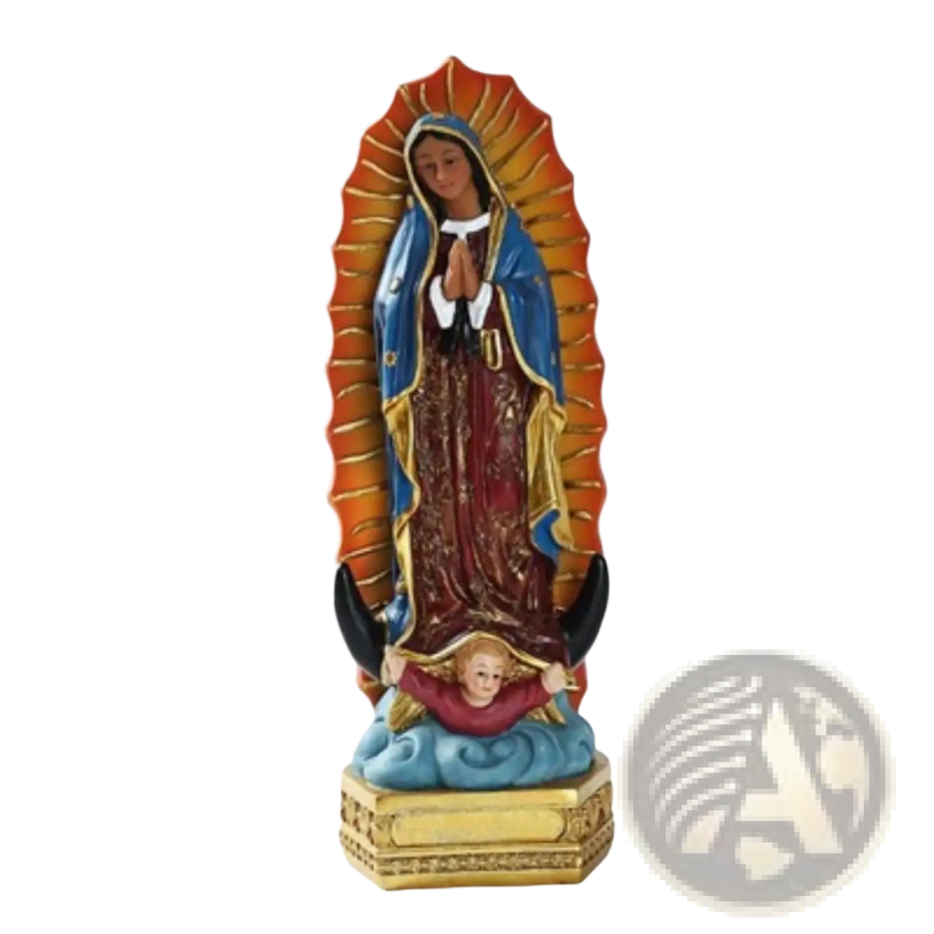 Our Lady of Guadalupe resin Mary statue 8 inch with blue and red robe gold trim orange halo holding child on cloud base
