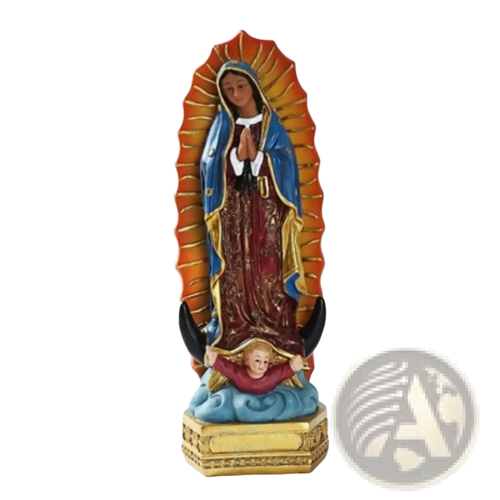 Our Lady of Guadalupe resin Mary statue 8 inch with blue and red robe gold trim orange halo holding child on cloud base