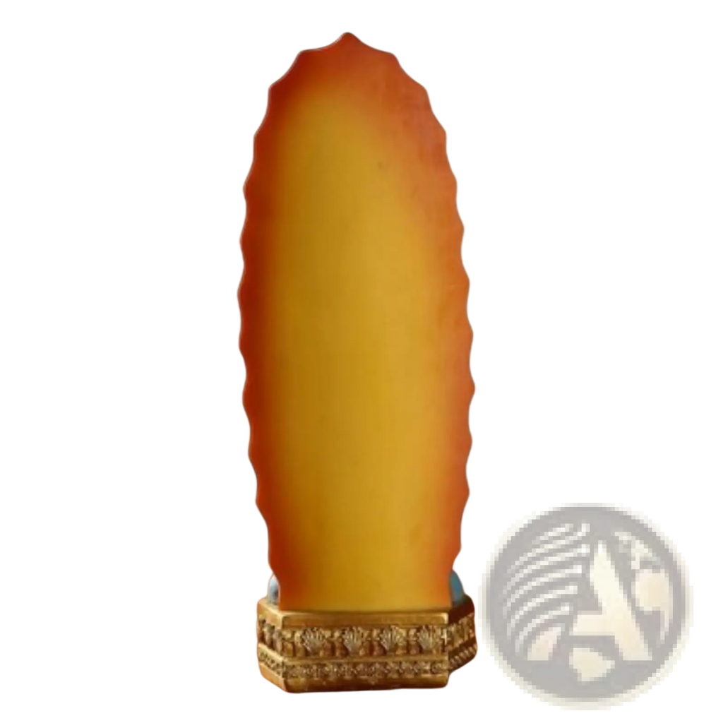Our Lady of Guadalupe resin Mary statue 8 inch translucent amber-orange buddha with scalloped edge on gold base