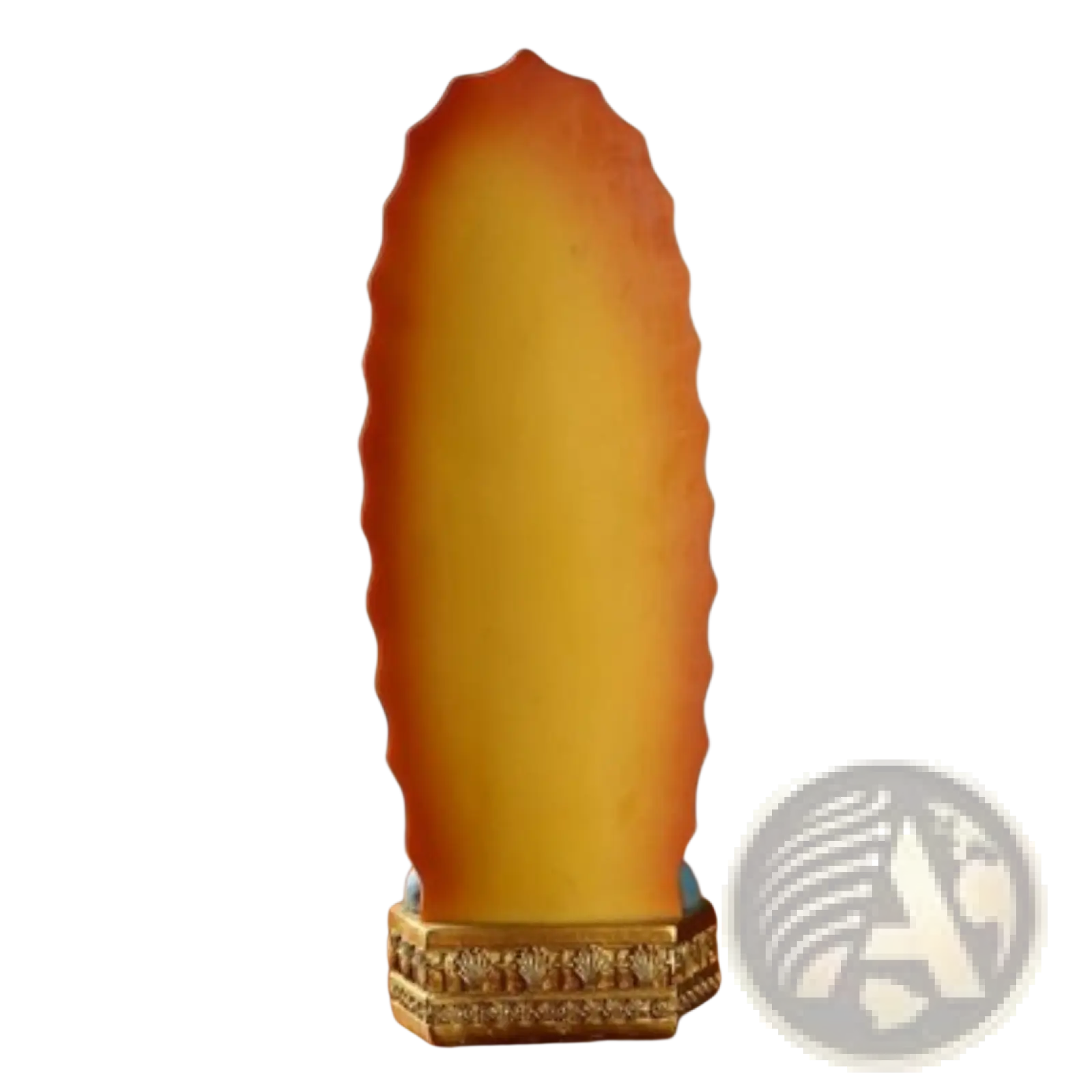 Our Lady of Guadalupe resin Mary statue 8 inch translucent amber-orange buddha with scalloped edge on gold base
