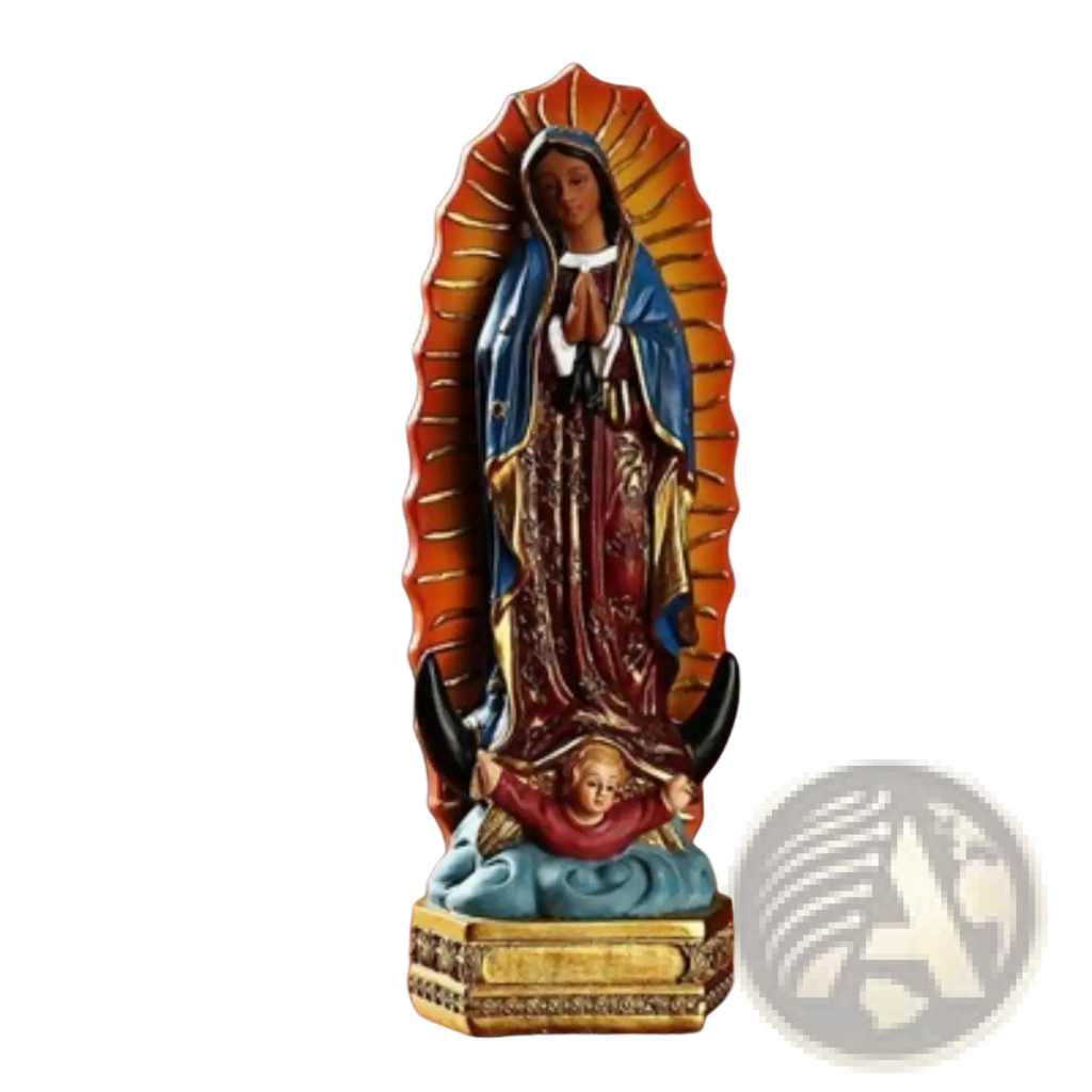 Vibrant 8 inch resin statue of our lady of guadalupe with blue and red robe gold accents on decorative golden base