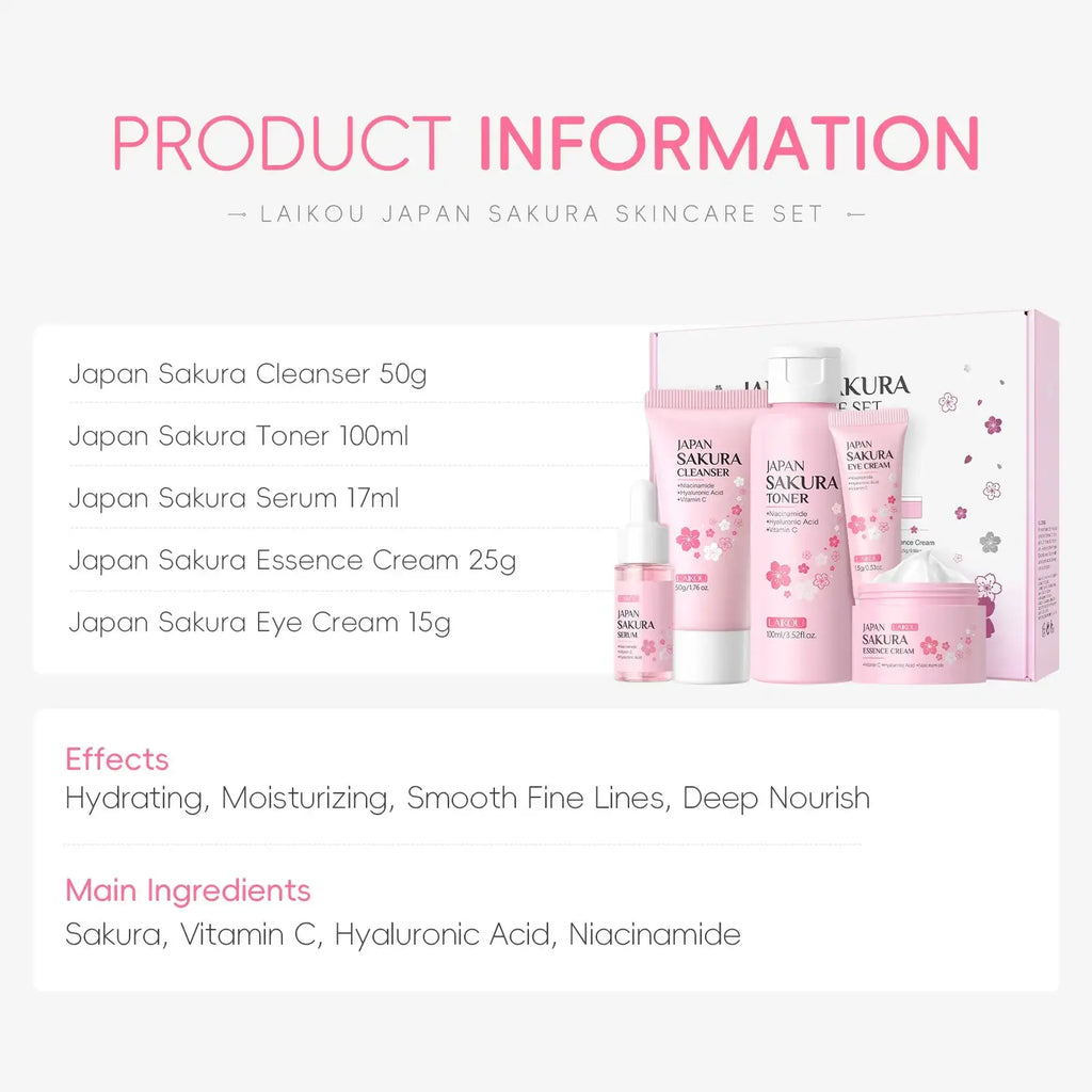 Pink japan sakura moisturizing laikou sakura 5pcs skin care kit featuring eye cream and cherry blossom designs
