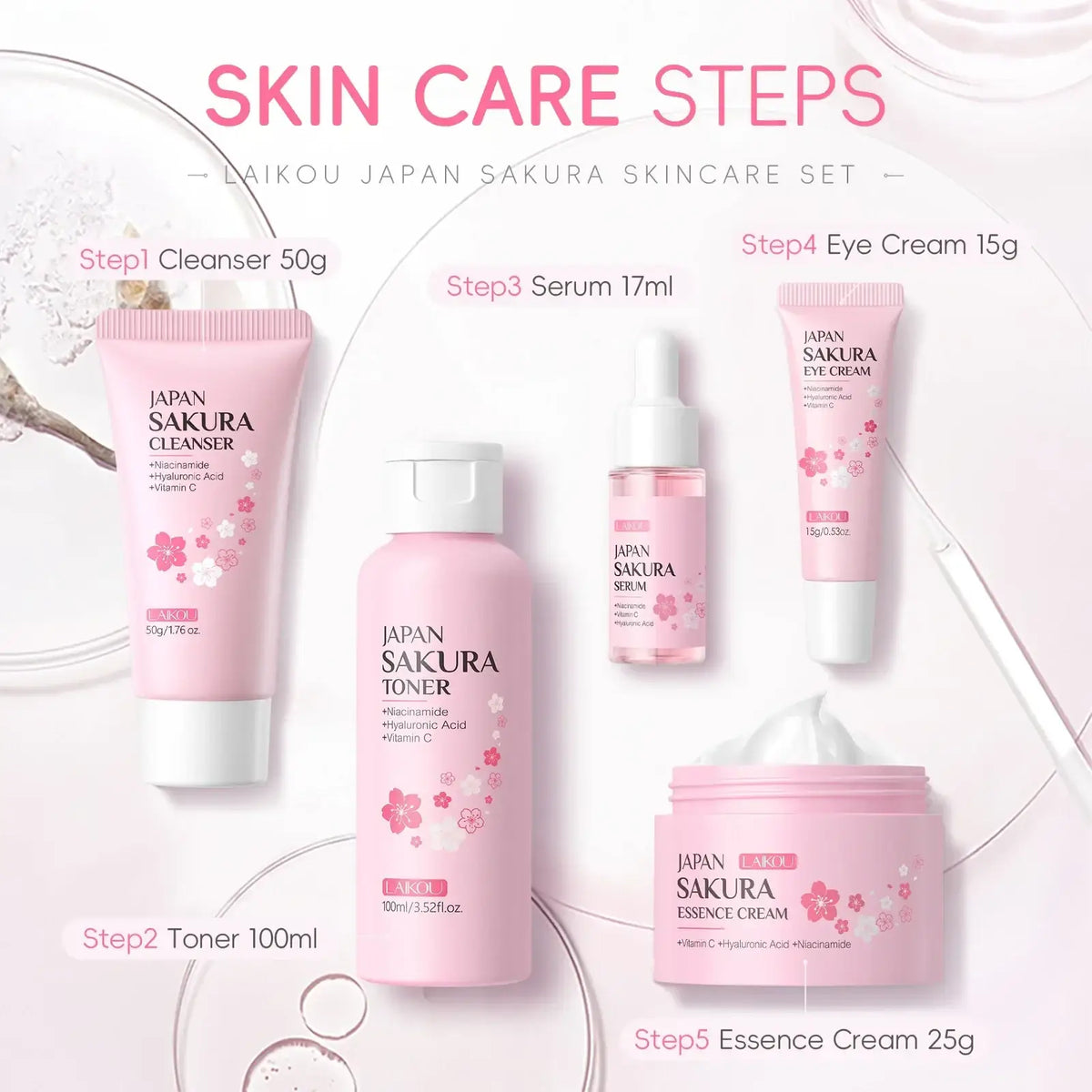 Pink japan sakura skincare set laikou sakura 5pcs featuring moisturizing eye cream and cherry blossom designs on containers
