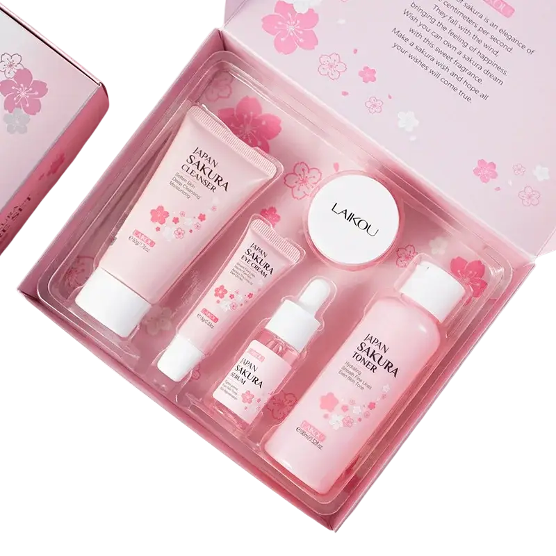 Pink laikou sakura 5pcs skin care kit with cherry blossom design and white caps including eye cream in clear tray