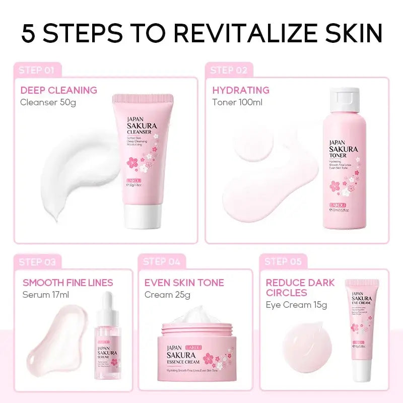 Pink japan sakura 5pcs skin care set by laikou featuring moisturizing eye cream and matching cherry blossom bottles