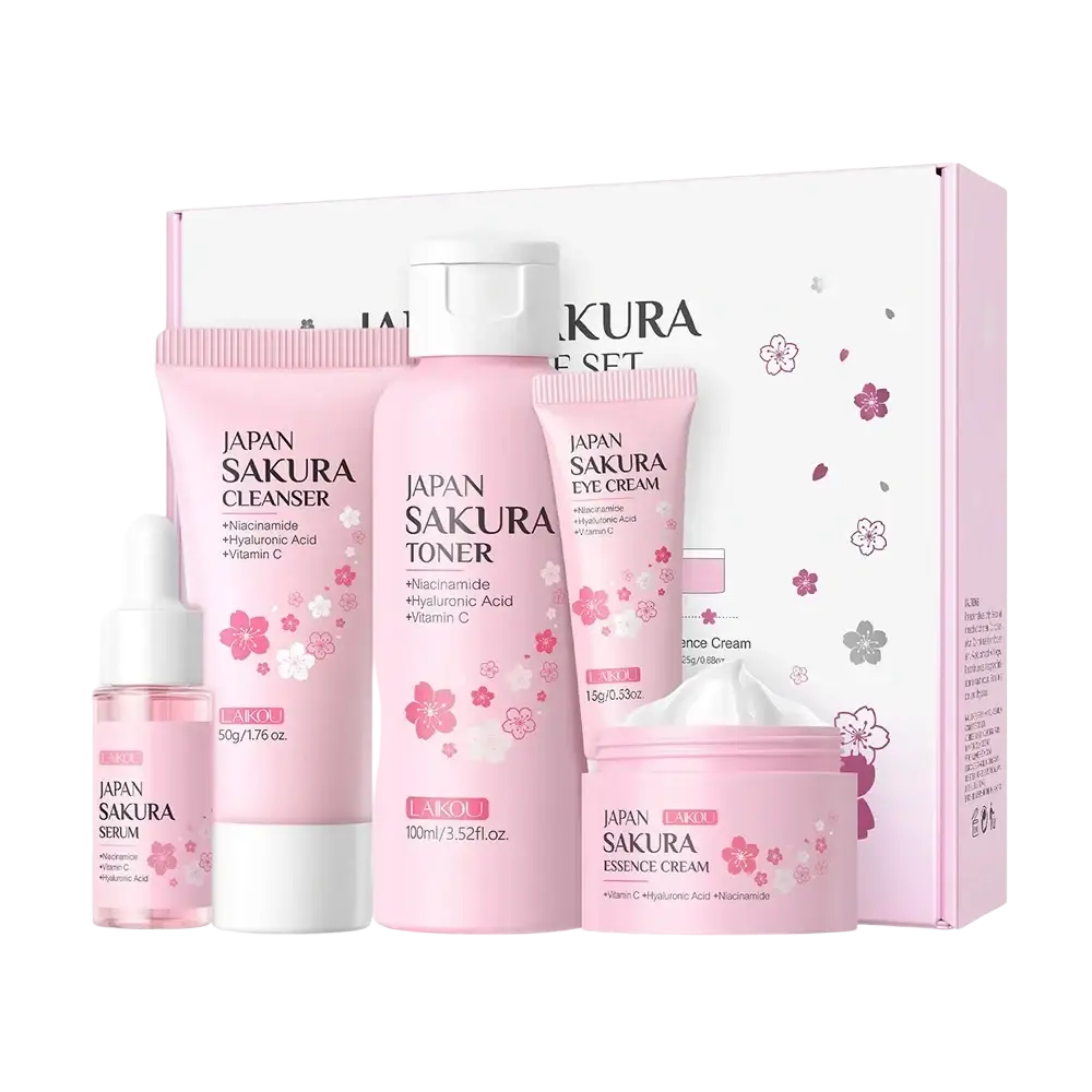 Pink japan sakura laikou sakura 5pcs skin care kit with floral designs featuring eye cream and moisturizing bottles