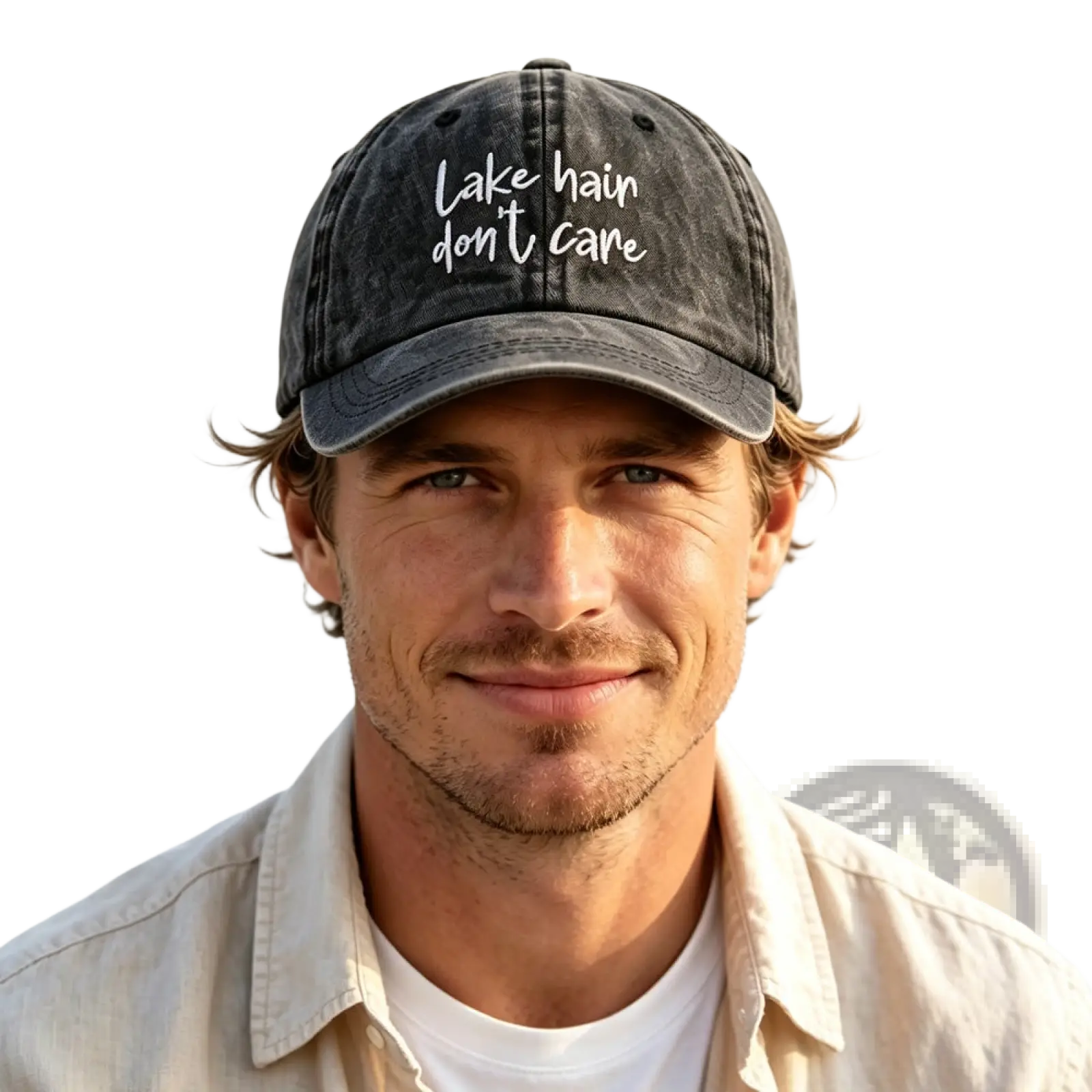 Dark gray distressed baseball cap with white embroidered lake hair don’t care text in lake hair distressed baseball cap set
