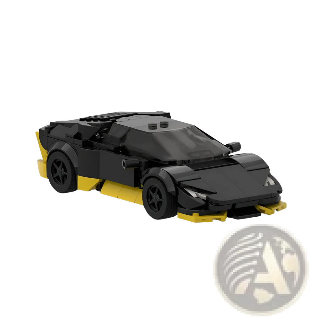 Black and yellow Lego model of a Lamborghini Huracán from the Lamborghini Racing model building block sports car kit