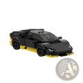 Black and yellow Lego model of a Lamborghini Huracán from the Lamborghini Racing model building block sports car kit