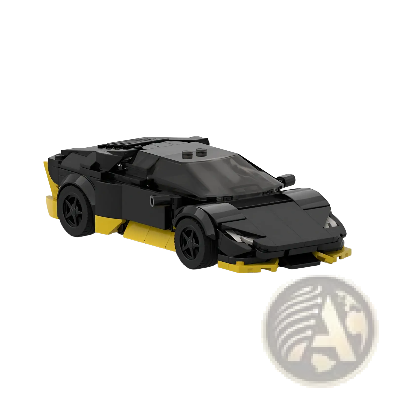 Black and yellow Lego model of a Lamborghini Huracán from the Lamborghini Racing model building block sports car kit