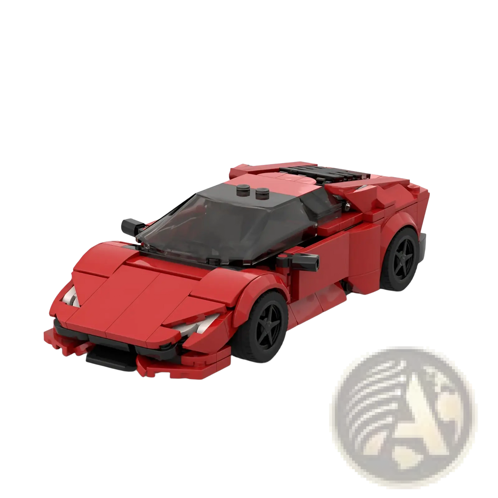 Red lego technic lamborghini veneno model car with black wheels and transparent windshield in racing model kit