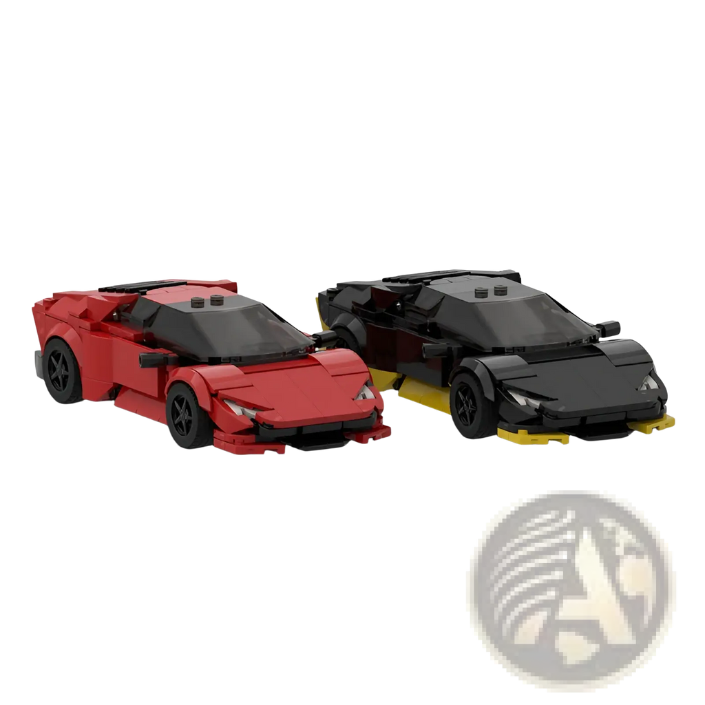 Lamborghini racing model building block sports car kit featuring red and black lego cars with yellow accents