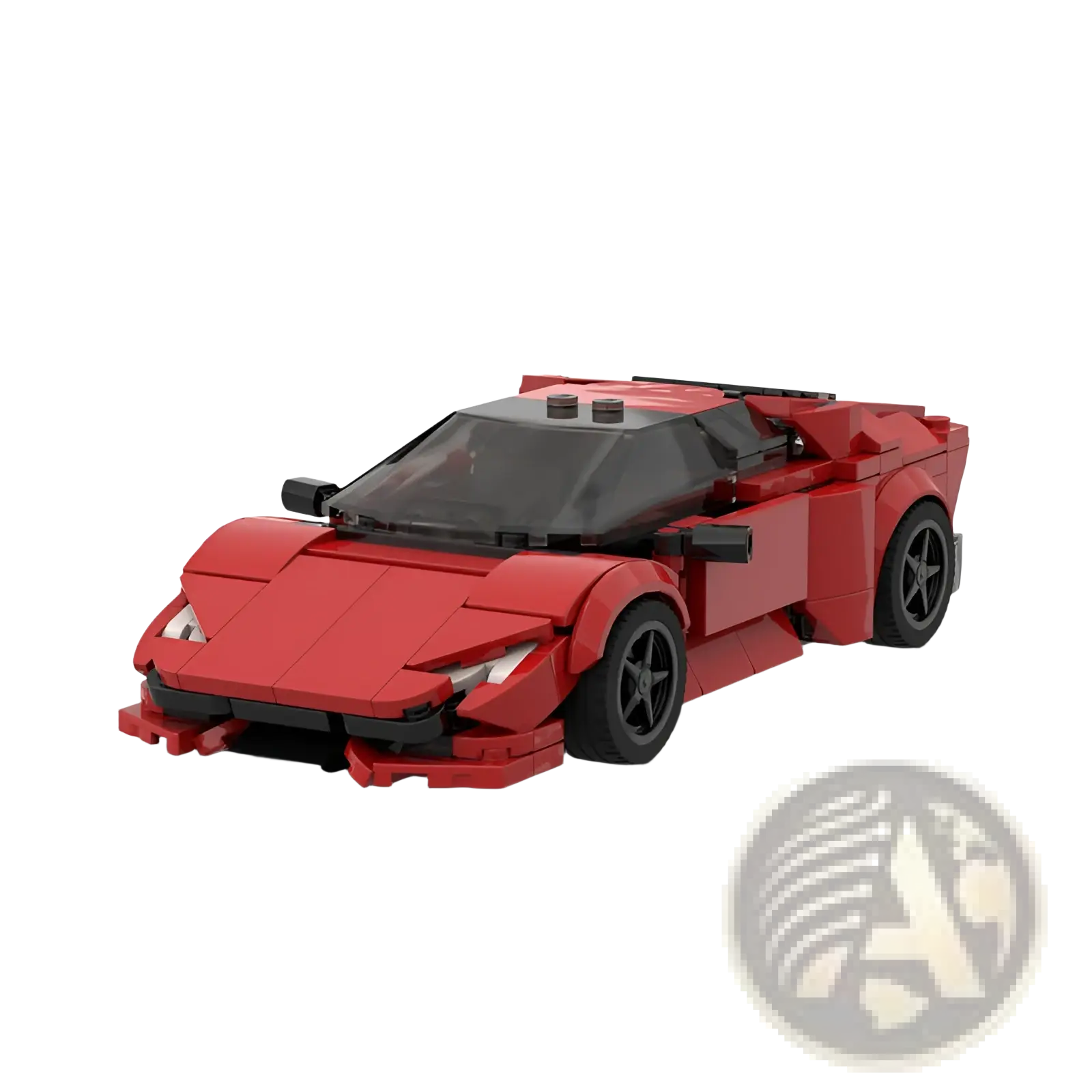Red lego Lamborghini racing model sports car kit with black accents and detailed wheels displayed from the front side