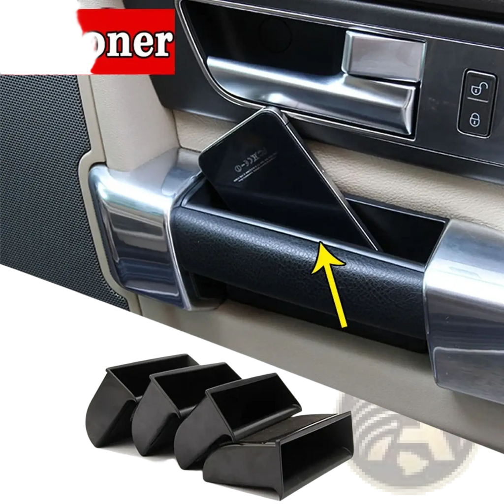 Land Rover Discovery 4 black plastic door handle storage box tray with textured surface and curved edges