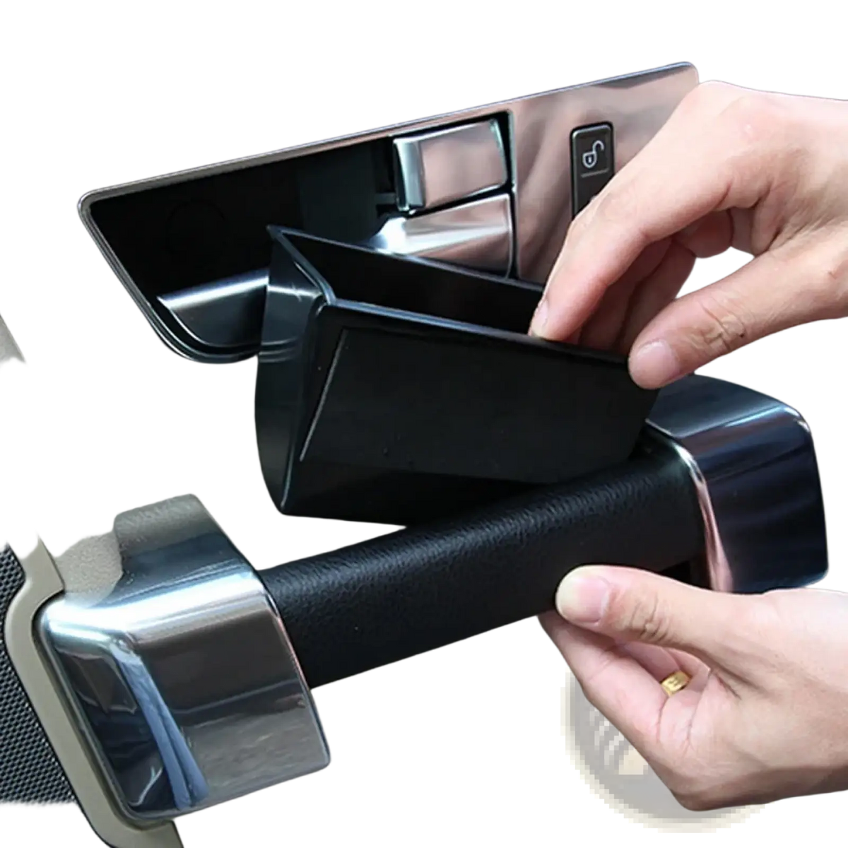 Black plastic Land Rover Discovery 4 car door handle storage box tray with sleek rectangular design and smooth edges