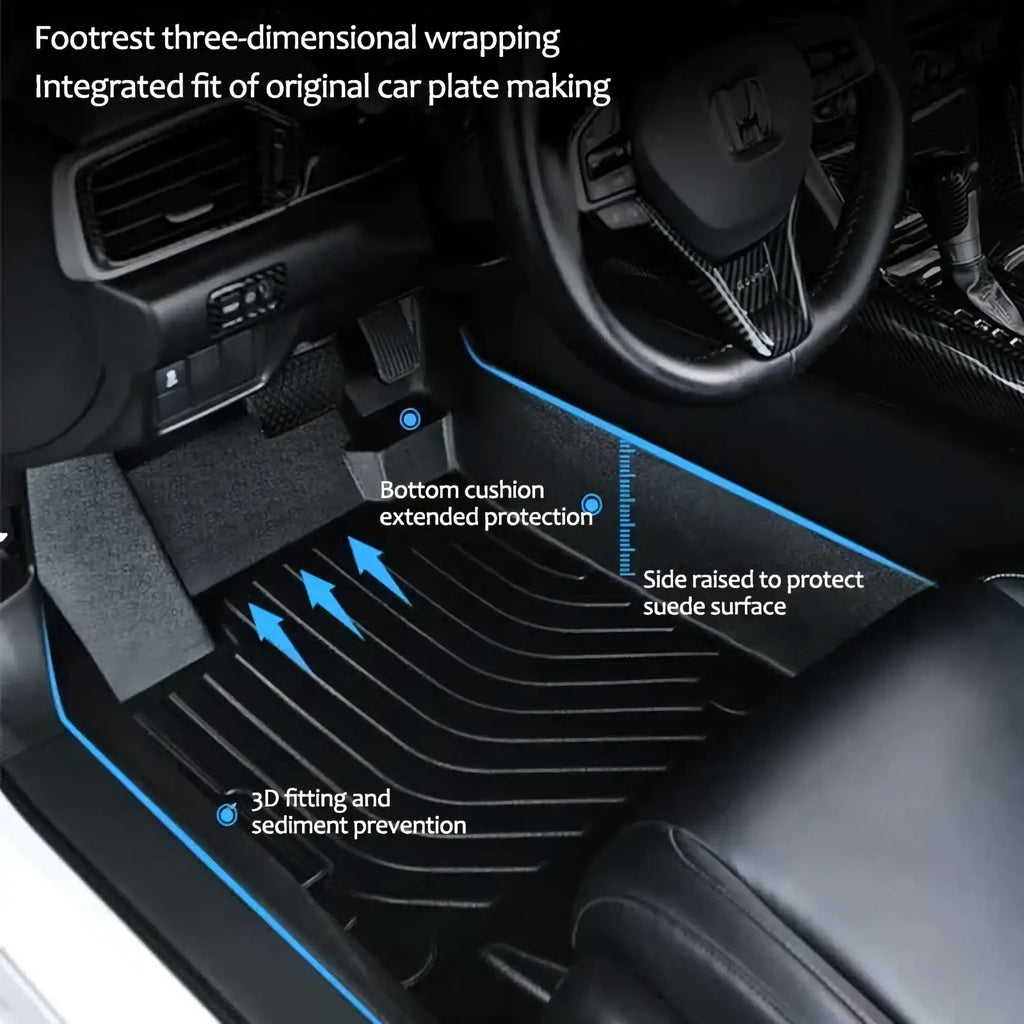 Black 3d rubber car floor mat with blue accent trim and textured ridges for sediment prevention landian e5 2023-2026