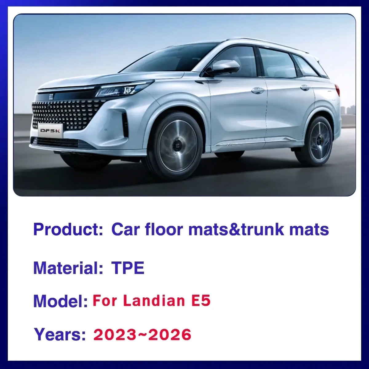 Silver Landian E5 SUV with sleek modern design and black alloy wheels featuring Landian E5 rubber floor mats 2023-2026