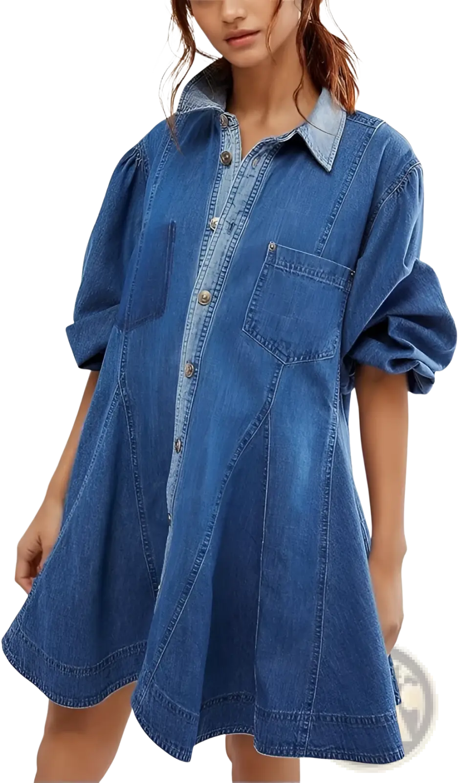 Blue denim shirt dress with lantern sleeves button front and patch pockets ideal for casual wear