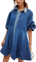 Blue denim shirt dress with lantern sleeves button front and patch pockets ideal for casual wear