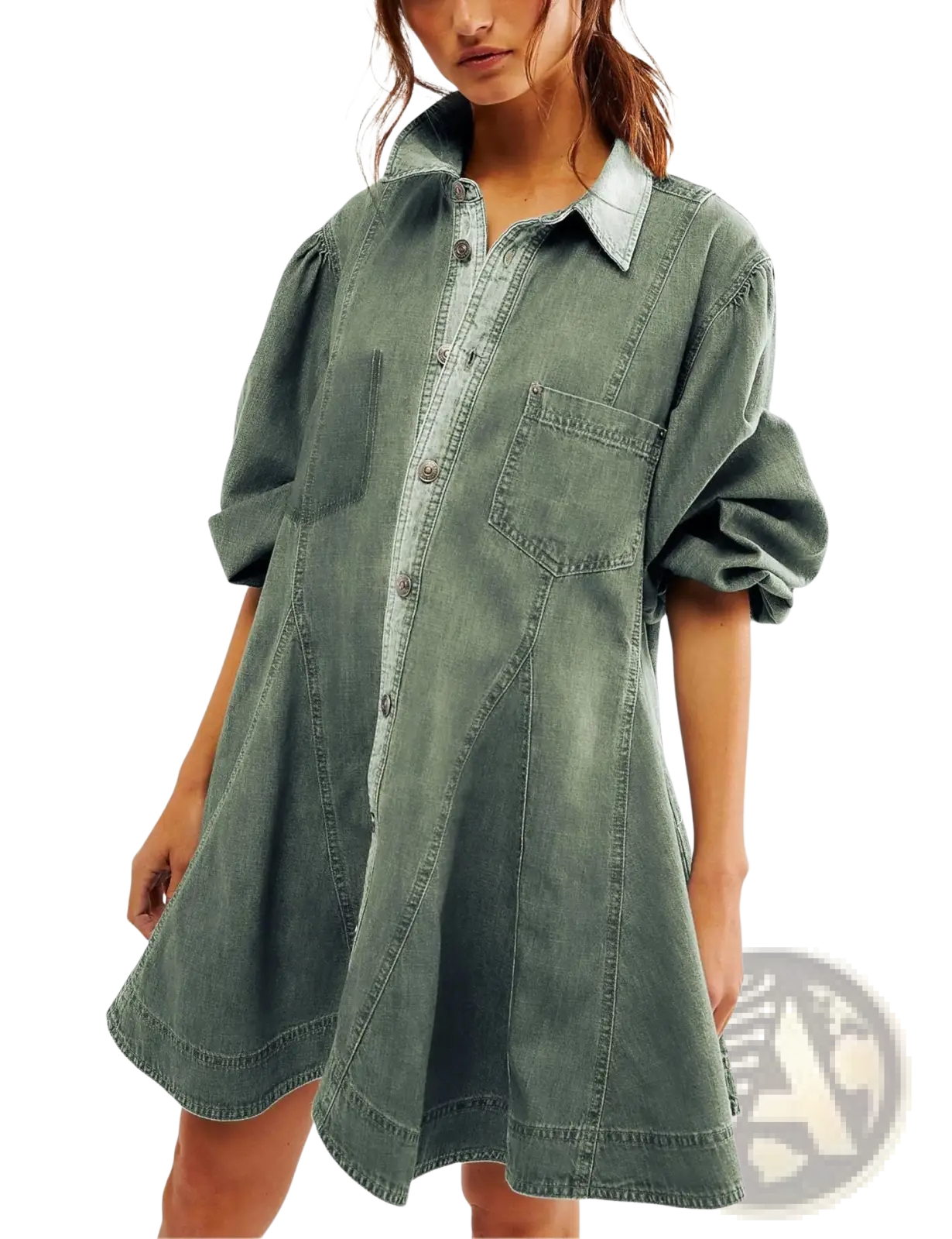 Olive green denim shirt dress with lantern sleeves patch pockets and contrasting light blue collar in button-front design