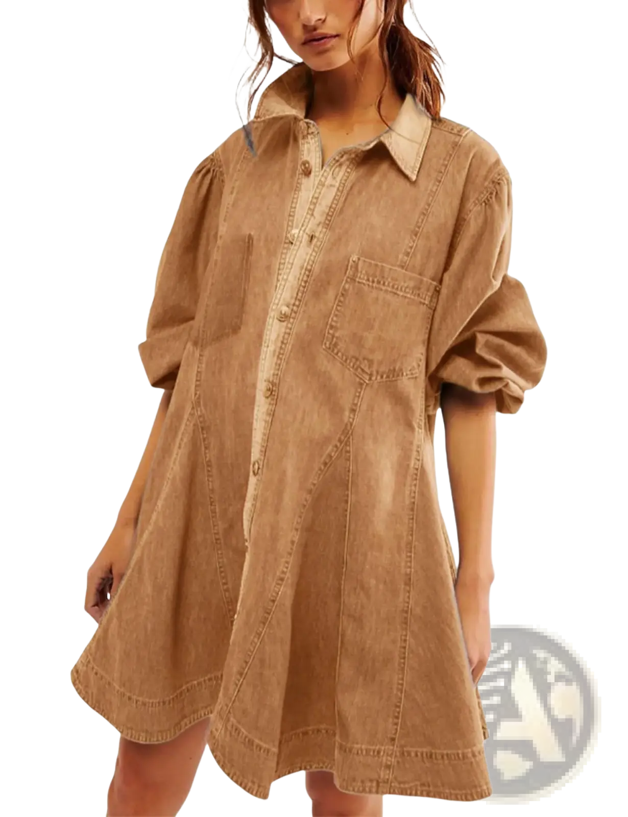 A loose-fitting tan denim shirt dress with button-up front, lantern puffed sleeves, and patch pockets