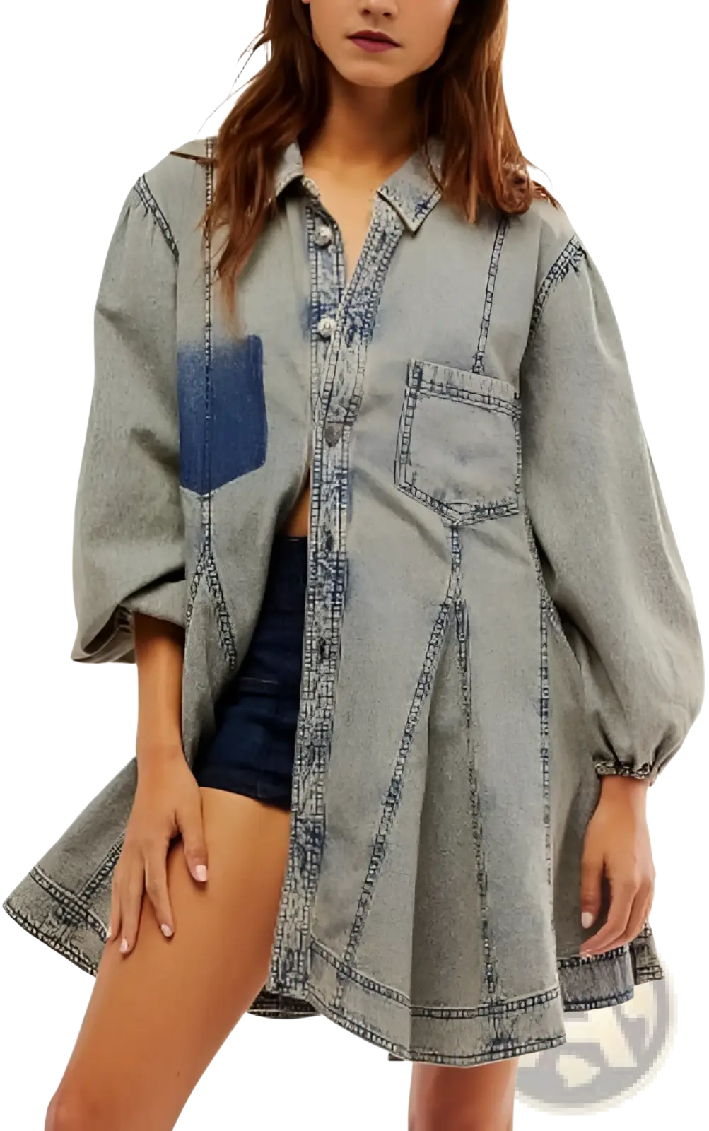 A loose-fitting light-wash denim shirt dress with lantern sleeves button-up front and patch pockets
