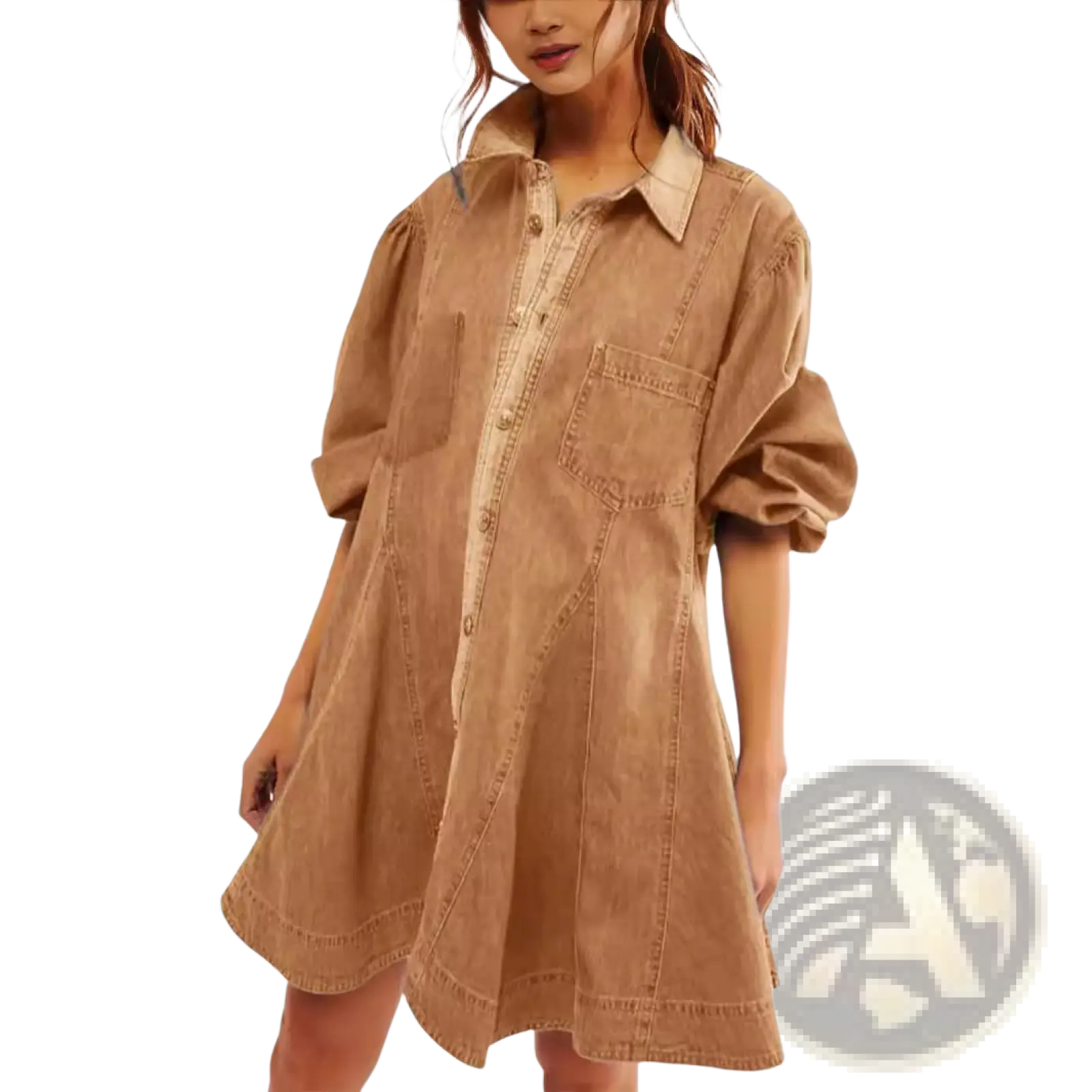 A women’s oversized tan denim shirt dress with puffed lantern sleeves and a button-front design