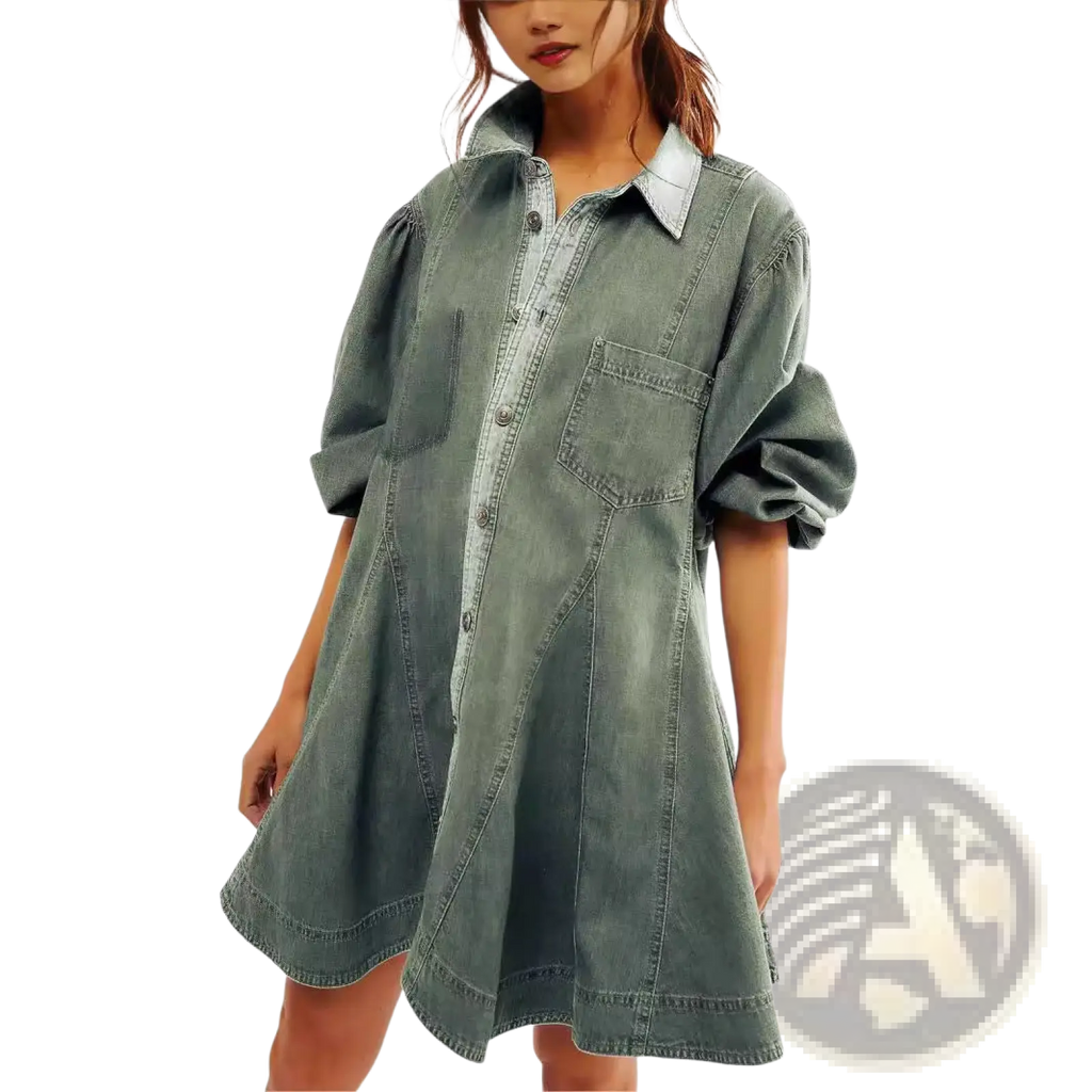 Lantern sleeve patch pocket oversized denim shirt dress in faded green wash with puffed sleeves and button front